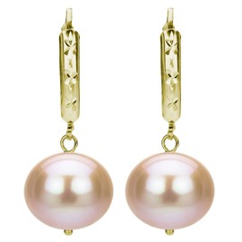 Pink Cultured Freshwater Pearl Dangle Earrings 14K Yellow Gold Leverback 12-12.5mm