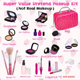 TEUVO Pretend Makeup Play Kit for Girls, Kids Pretend Play Fake Makeup Kit Princess Toys with Cosmetic Bag for Kids Role Play Beauty Set, Little Girls Toys Birthday (Not Real Makeup)