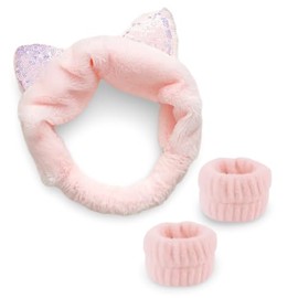 Aegyo 애교 Plush Spa Headband and Wristband Set with Sequin Cat Ears (Pink, One Size)