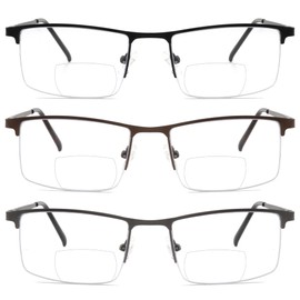 zooxsky 3 Pack Bifocal Reading Glasses for Men,Lightweight Metal Half Frame Clear Top Bi-focal Readers with Spring Hinge+1.75