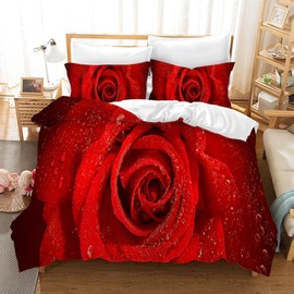Leleyouzer 3D Red Rose Bed Linen Set, Red Rose Floral Pattern Duvet Cover for Girls Adults, Soft Microfibre Bedding with Zip and 2 Pillowcases 50 x 75 cm (R2, 135 x 200 cm)
