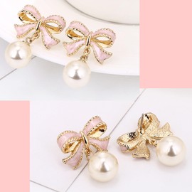 Bow Earrings Gold for Women Pearl Bow Earrings Double Bow Earrings Gold Bow Stud Earrings for Women Bow Jewellery Women, Brass Brass Gold-plated