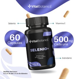 Selenio + Vitamina E y Arandanos. Con 60 capsulas de 500mg (2 Meses). VitalBotanics. Multivitaminico, Suplementos Alimenticios. Libre de Gluten y Aditivos. Apto Dieta Keto.