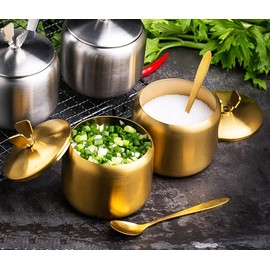 Mozacona 2pcs Stainless Steel Sugar Bowl Spice Jar Storage Seasoning Pot with Lid Spoon