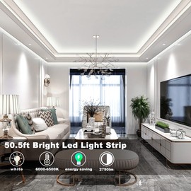 MY BEAUTY LIGHT LED Strip Lights White,50.5ft Dimmable LED Light Strip with RF Remote,924 Bright 6500K 2835 LEDs,Plug-in Adhesive Rope Lights with Timing Mode for Living Room Bedroom Kitchen