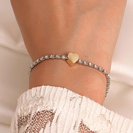 Iaceble Vintage Love Heart Bracelet Silver Tennis Chain Bracelet Sparkling Crystal Bracelets Tennis Cz Bangle Bracelet Gold Heart Hand Chain Bracelet Adjustable Rhinestone Bracelet Jewelry (Heart)