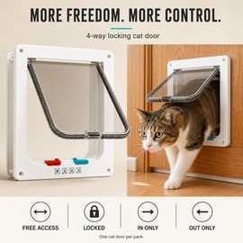 Cat Door with Clear Swing Flap & Brush Seal, 4-Way Locking, Interior/Exterior Pet Door, S–XL, Black or White