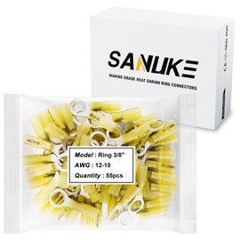 Sanuke 55Pcs 12-10 AWG - 3/8" Heat Shrink Ring Terminals 1.0mm Tinned Pure-Copper Marine Grade Waterproof Heat Shrink Wire Connectors Yellow
