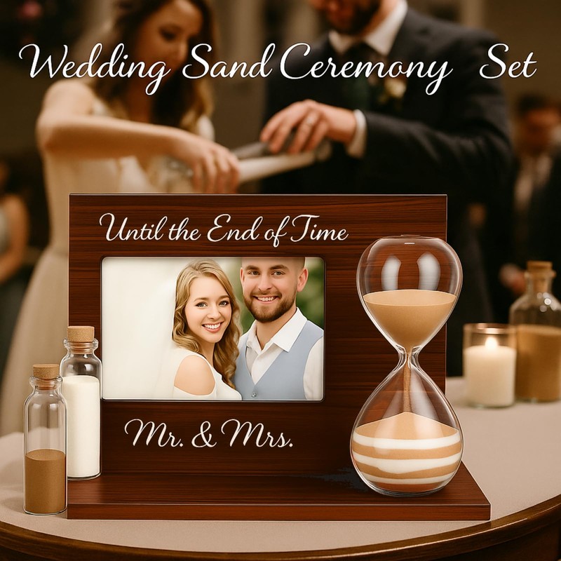 Blosssound Wedding Sand Ceremony Set Wooden Photo Frame, Hourglass Funnel,