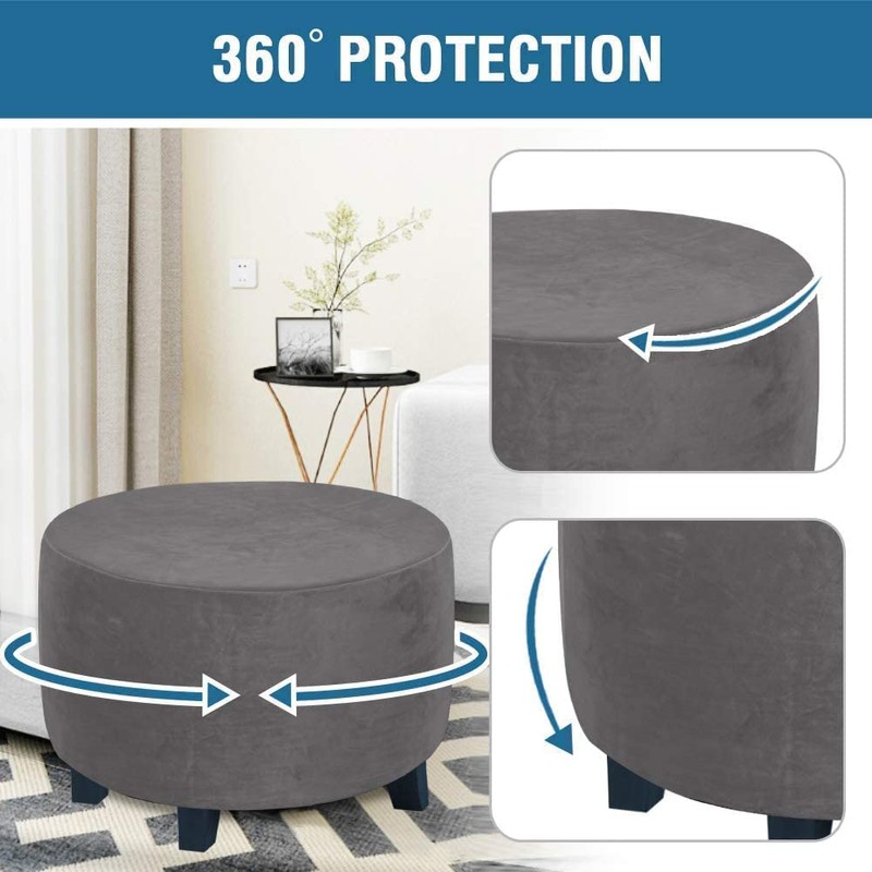 Velvet Plush Ottoman Cover,Super Stretch Round Ottoman Slipcover Washable Storage