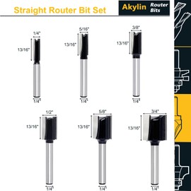 Akylin 6Pcs Straight Two Flute Router Cutter Bit, 1/4 Inch Shank Tungsten Carbide Router Cutter, Double Flute Straight Cutter |Cutting Diameter 1/4”, 5/16”, 3/8”, 1/2”, 5/8”, 3/4”, Cut height 13/16”