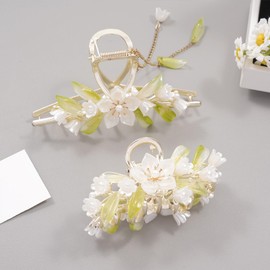 Vintage Floral Hair Clip with Pearl Tassels, Gold Metal Hair Accessory, Decorative Hair Claw for Women (2Pcs-Style 1)