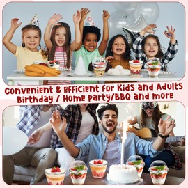 Jinei 50 Sets 9 oz Silver Plastic Dessert Cups with Dome Lids Spoons Rimmed Clear Disposable Plastic Fruit Cups with Lids for Yogurt Parfait Pudding Cupcake Ice Cream Party Wedding Reception