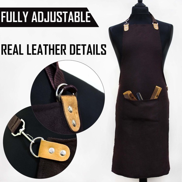 Professional Barber`s Adjustable Apron With Front Pocket in Deep Brown Color