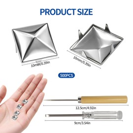 500PCS 10mm Pyramid Studs for Clothing,Silver Square Studs and Spikes with Awl and Screwdriver, Metal Studs for Punk Rock Jewelry Crafts, Clothes, Leather, and Accessories