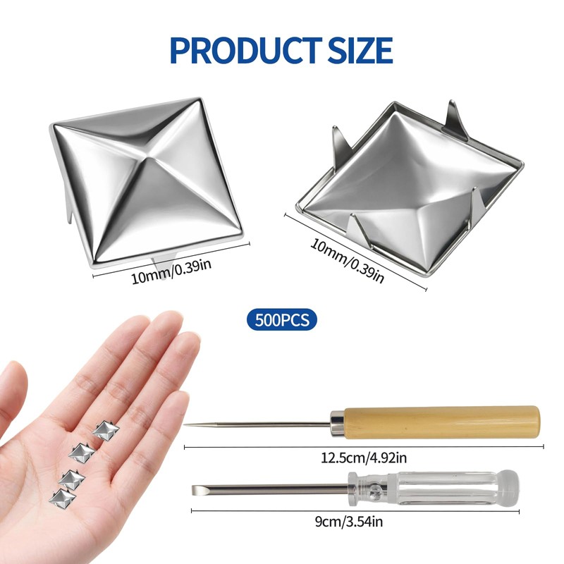 500PCS 10mm Pyramid Studs for Clothing,Silver Square Studs and Spikes