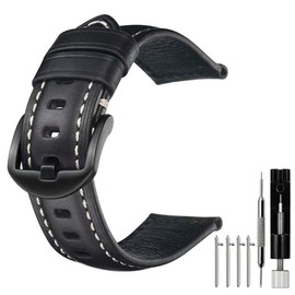 PCUORLEORS Genuine Leather Watch Band, Vintage Leather Replacement Bracelet,Bracelet for Watches, 20mm 22mm 24mm 26mm Genuine Watch Bands For Men (Black, 22mm)