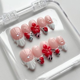 Luxury Press on Nails Medium Almond Handmade 3D Unique Reusable ABS Material Fake Nails White French Tip False Nails with Designs Water Drop Red Flower Glossy Glue on Nail Thick Acrylic Nail(M)