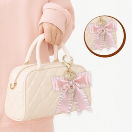 Initial Bow Keychain with Pearl Heart, Cute Letter Bag Charm for Women Girls, Rhinestone Purse Accessory Aesthetic Decoration (Pink-M)