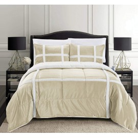 Elegant Comfort Micromink Stripe Lined Sherpa Comforter Set, Premium Down Alternative Micro-Suede 3-Piece Reversible Comforter Set, King/California King, Mocha/Taupe