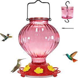 Glass Hummingbird Feeders for Outdoors Hanging, Big 38 oz Capacity with Ant Moat, 6 Feeding Ports, Leak-Proof Sealing Ring, Durable Colorfast Bottle, Easy to Clean, Garden Yard Decor, Pink