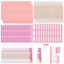 100 Sets Disposable Manicure Kit Basics 4 Piece Nail Kit for Travel, Handle Grip Brush, Mini Nail Buffer Nail File and Wood Stick for Gifts Salon Home Professional (Pink)