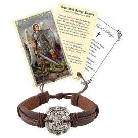 St Michael Bracelet - with St Michael Prayer Card, The Lord's Prayer | Brown Faux Leather Archangel Michael Bracelet with Medal | Saint Michael Bracelet with Catholic Prayer Cards Set | 3 Items Total