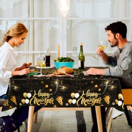 Happy New Year Table Cloth 2PCS New Years Eve Decorations 2025 New Years Eve Table Cloth Black and Gold Rectangle Plastic PVC Disposable Happy New Year Table Cover 274 x 137 CM