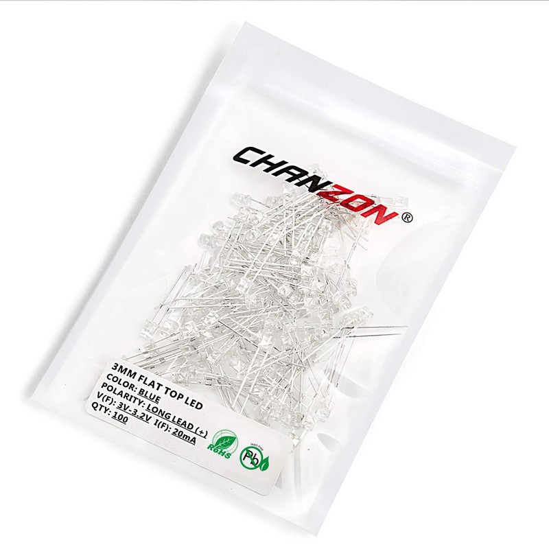 Chanzon 100 pcs 3mm Blue LED Diode Lights (Clear Flat