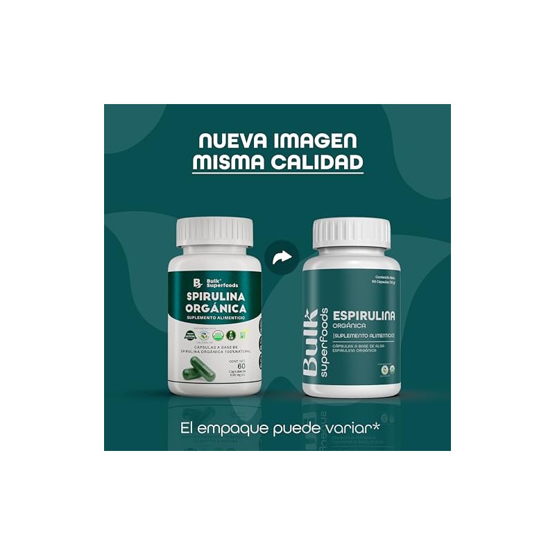 Bulk Superfoods Espirulina Orgánica 100 Natural Cápsulas 500 Suplemento Alimenticio