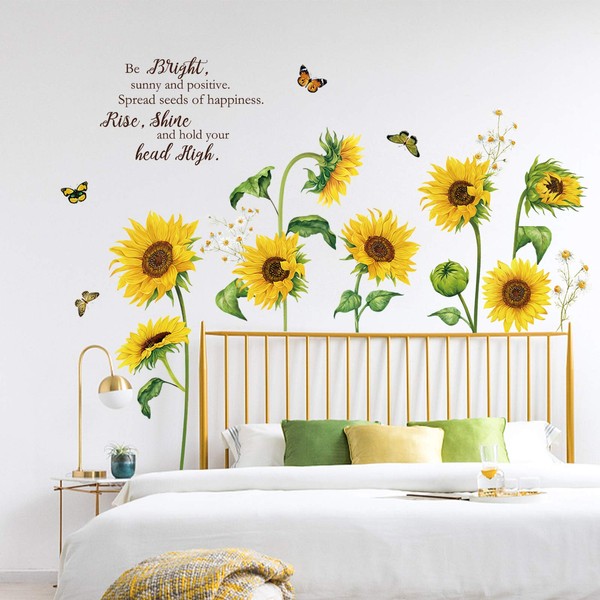 decalmile Sunflower Butterfly Wall Decals Garden Flower Wall Stickers Bedroom Living Room TV Wall Art Decor