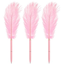PATIKIL Feather Ballpoint Pen, 3Pcs Fluffy Vintage Feather Quill Pen Refined Plated Rod Wedding Signature Pens for Office Wedding Party Birthday, Light Pink/Pink