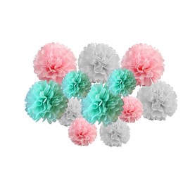 Pack of 12 Mixed 6"and 8" Tissue Paper Pompom Pom Pom Hanging Flower Balls Garland Wedding Party Decorations (Mint Pink Shade)