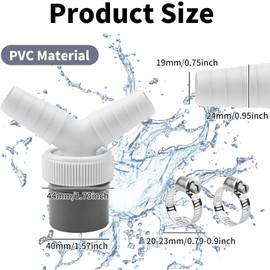Drain Adaptor for Dishwasher and Washing Machine, 0.75"-0.95" Double Connection Pipe Thread Y Adapter for Hose with Input Connector of Outlet 40 Mm Pipe with 2pcs Hose Clamp