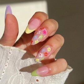 Flower Press on Nails - Medium + White Tip French,Colorful Flowers Fake Nails Kit with 24 Nails,24pcs jelly glue stickers,1pcs mini nail file,1pcs wooden stick （ Cute Floral Nails for Women and Girls）