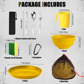 Scout Camping Mess Kit for 1 Person Boy Scout Dishes Set Girl Scout Mess Kit with Mesh Bag Reusable Light Weight Eating Utensils Plastic BPA Free Camping Cutlery Set for Travel Camp (Yellow)
