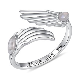 YLT 925 Sterling Silver Natural Moonstone Angel Wings Ring Adjustable Dainty Wrap Open Thumb Rings for Women