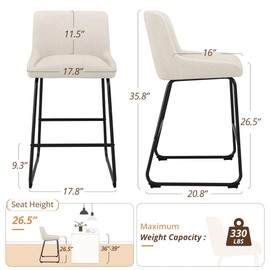 LUE BONA 26 Inch Bar Stools Set of 2, Linen Upholstered Barstools, Counter Height Bar Stools with Back, Comfortable Bar Chairs, Modern Counter Stools for Kitchen Counter Island