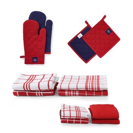 Encasa XO Kitchen and Dish Towels - Oven Mitts - Pot Holder Set of 12 Pc - Pure Cotton - Dishcloths Red Combo