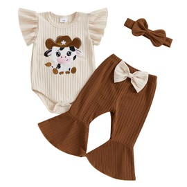 LIOMENGZI Toddler Baby Girl Flare Pant Outfits Summer Short Sleeve Romper Bell-Bottom Pant Clothes Set 3 6 12 18 Months (Khaki animal, 0-3 Months)