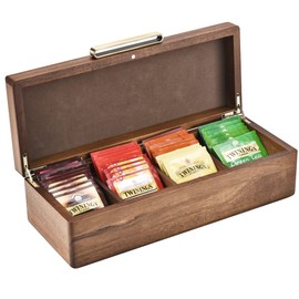 Shanik Wooden Tea Box - Tea Sachets Storage Box - Unique, Durable & Long-Lasting Organizer Box - Natural Acacia Wood Box - Perfect for Women (4 Slots with Engraving)