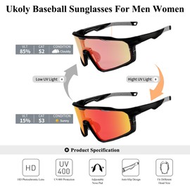 Ukoly Photochromic Cycling Glasses For Men Women, Sports Sunglasses For Baseball Running Cycling HD Lens UV400 Protection 628 (HD Photochromic Red)