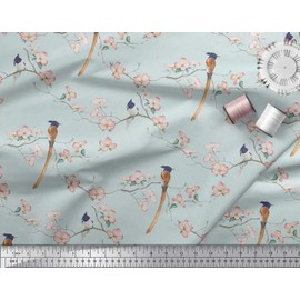 Soimoi Cotton Canvas Fabric Leaves,Floral & Paradise Flycatcher Bird Decor Fabric Printed metre 56 Inch Wide
