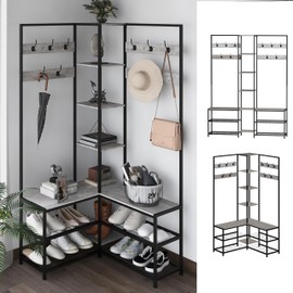 GiftGo Corner Hall Tree with Shoe Rack Storage Bench Display Open Shelves Modern Industrial Entryway Coat Rack Stand for Home Living Room Mudroom Bedroom Multifuncitonal 5 in 1 (Greige)