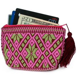 Ketzaly Coin Pouch: 100% Cotton Coin Purse for Women | Cute Change Purse with Vibrant Colors | Small Zipper Pouch Handmade by Mexican Artisans | Wallet Purse for Women, Burgundy, pink and green, Hand Woven, Handmade