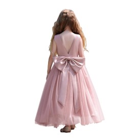 Glamulice Dusty Rose Flower Girl Dress Satin Bridesmaid Long A Line Wedding Pageant Dresses Dusty Pink Tulle V Open Back Little Girls Formal Dance Communion Ball Gown Holiday Evening Party Prom Gown 6