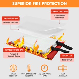 DOKIBI Emergency Fire Blanket, 40"x40" Fiberglass Suppression Fire Retardant Blankets for Home, Kitchen, Camping, Grill, Car, Office, Warehouse with Hooks(1 Pack)