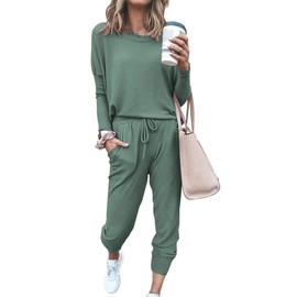 PRETTYGARDEN Women's 2025 Spring Two Piece Outfit Long Sleeve Crewneck Pullover Tops And Long Pants Tracksuit (Light Green,Small)