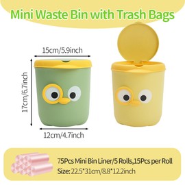 IBEQUEM Table Rubbish Bin with Lid, Cute Small Bin with Lid, Countertop Waste Bin with 6 Rolls by Bin Liners, Portable Tabletop Waste Bin, Cartoon Bird Rubbish Storage for Office (Green)