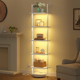 Tajsoon 5 Tier Ladder Bookshelf with Light, Wall Mounted Book Shelf, Wooden Wall Mounted Ladder Bookshelf with Metal Frame, Industrial Ladder Shelf for Office, Living Room, Bedroom, White
